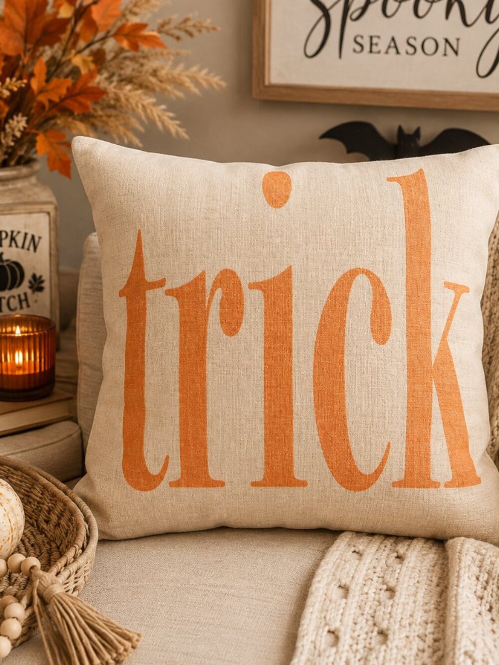 Halloween Trick Pumpkin Pillow Cover 18x18 Linen Cream Orange Fall Decor NWT